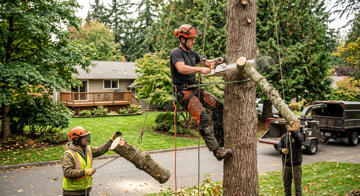 Chipper and crew processing cleared brush at a Bothell property