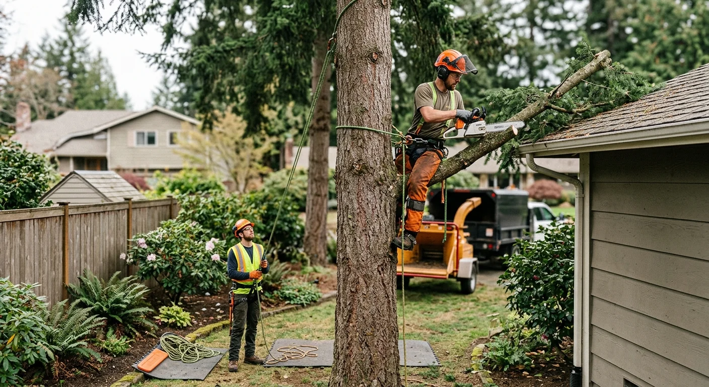 Technician trimming dense brush along a fence line safely