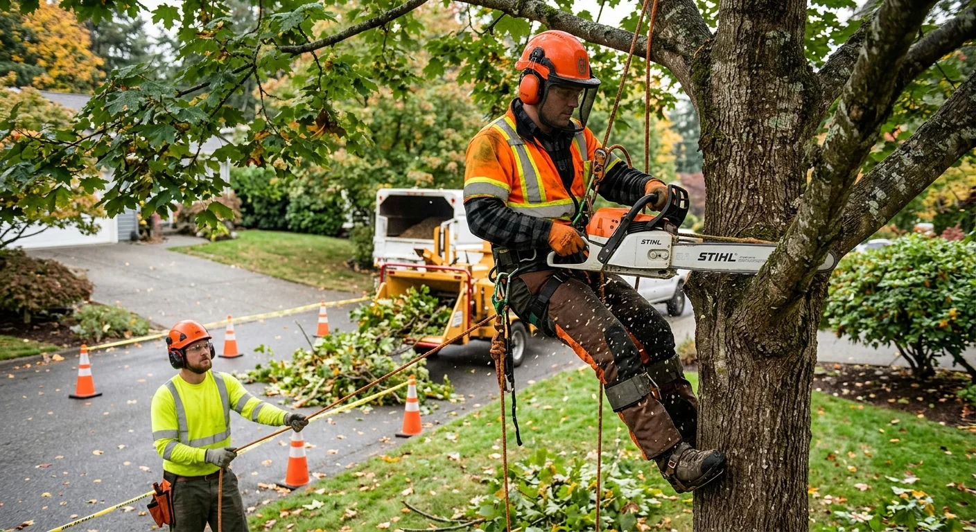 Tree crew clearing dense brush along a wooded Bothell property line
