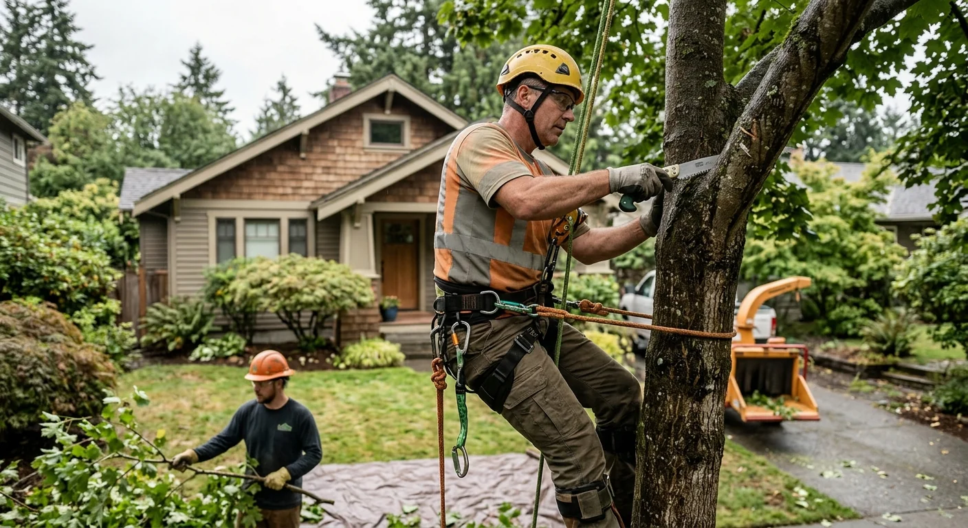 Tree crew clearing dense overgrown brush along a Bothell backyard property line