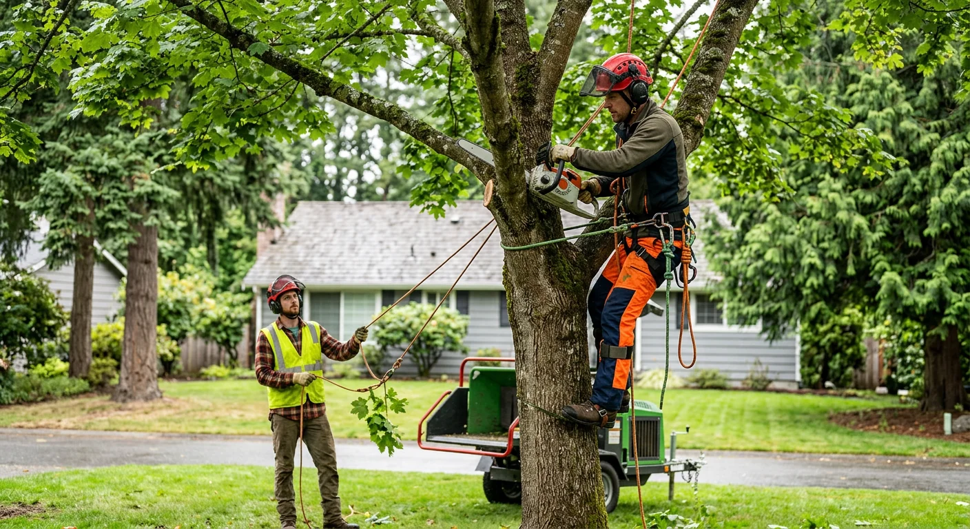 Arborist reviewing a crane lift plan beside a tall backyard tree