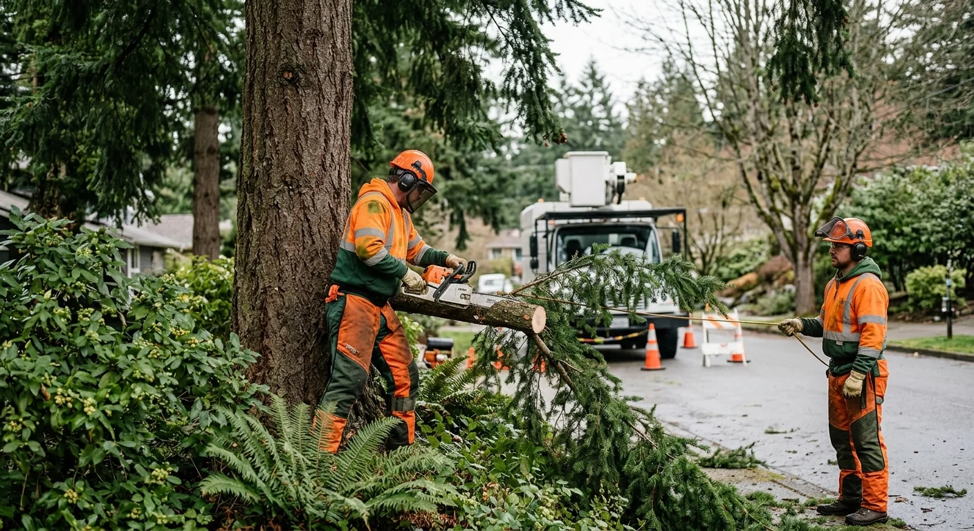 Ground crew clearing branches after a crane tree removal job