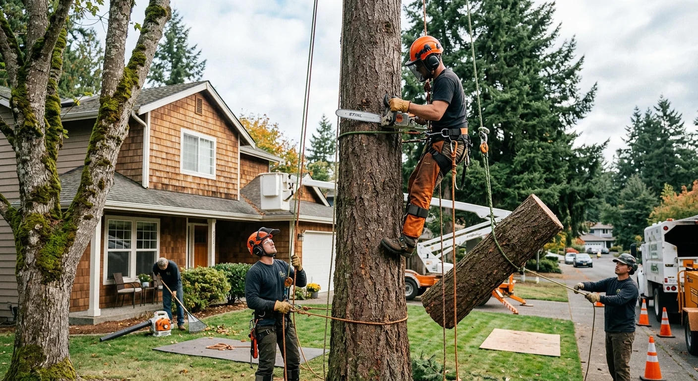 Crane lifting a large tree section safely above a Bothell backyard
