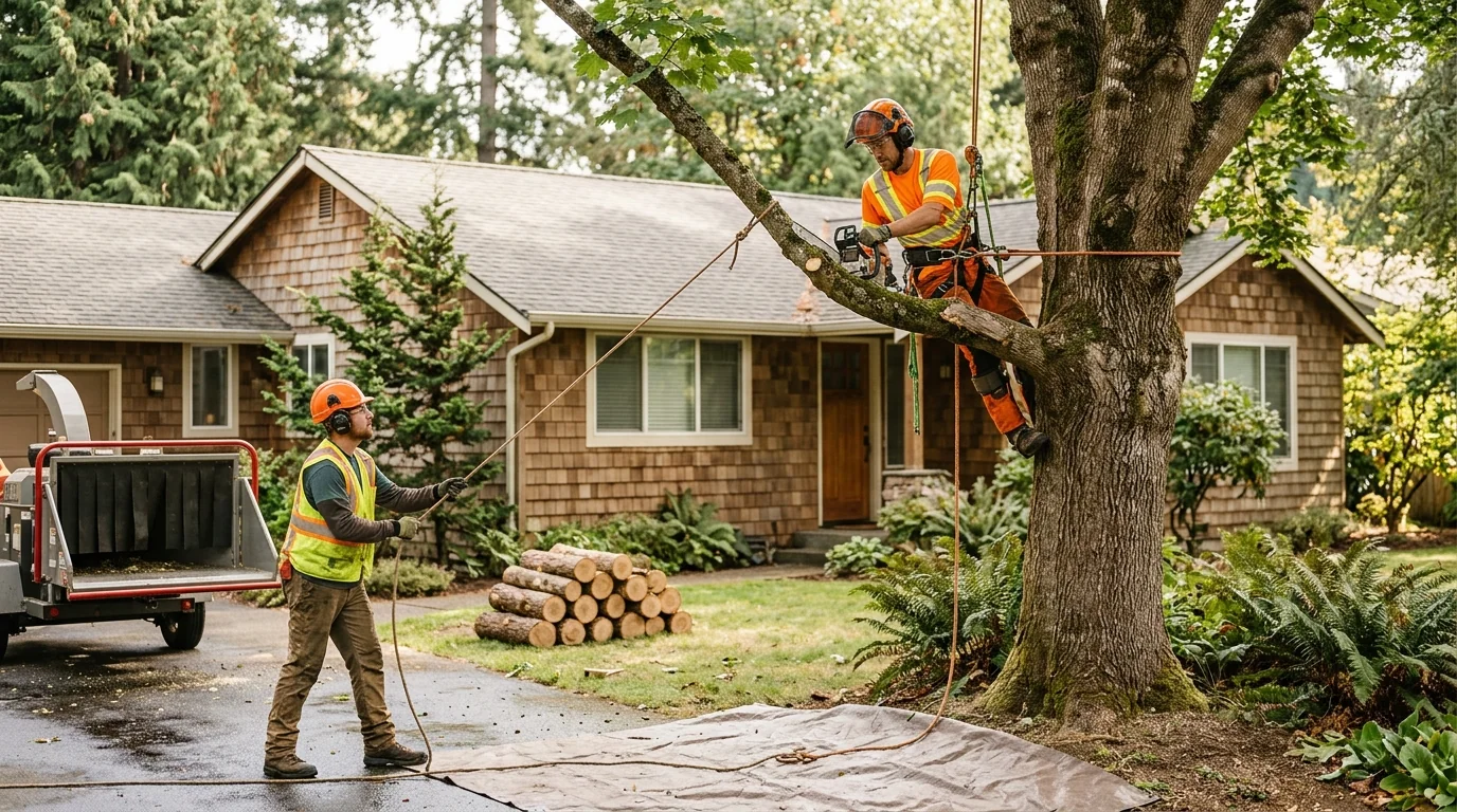 Crane operator guiding a controlled tree removal near a home