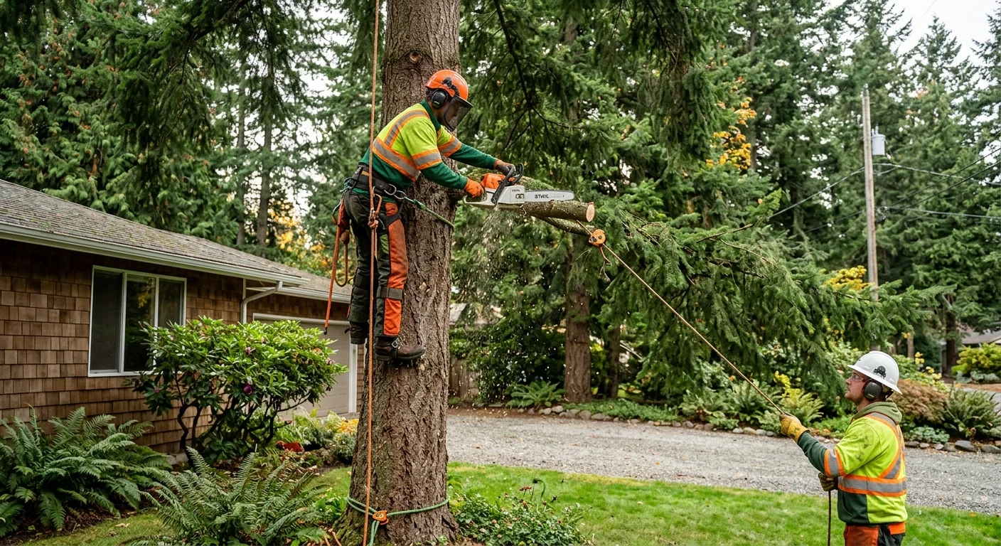 Mobile crane lifting a large tree section over a Bothell home