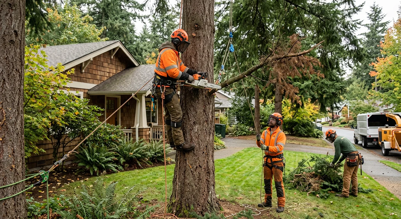 Crane lifting a large tree section over a Bothell home during removal