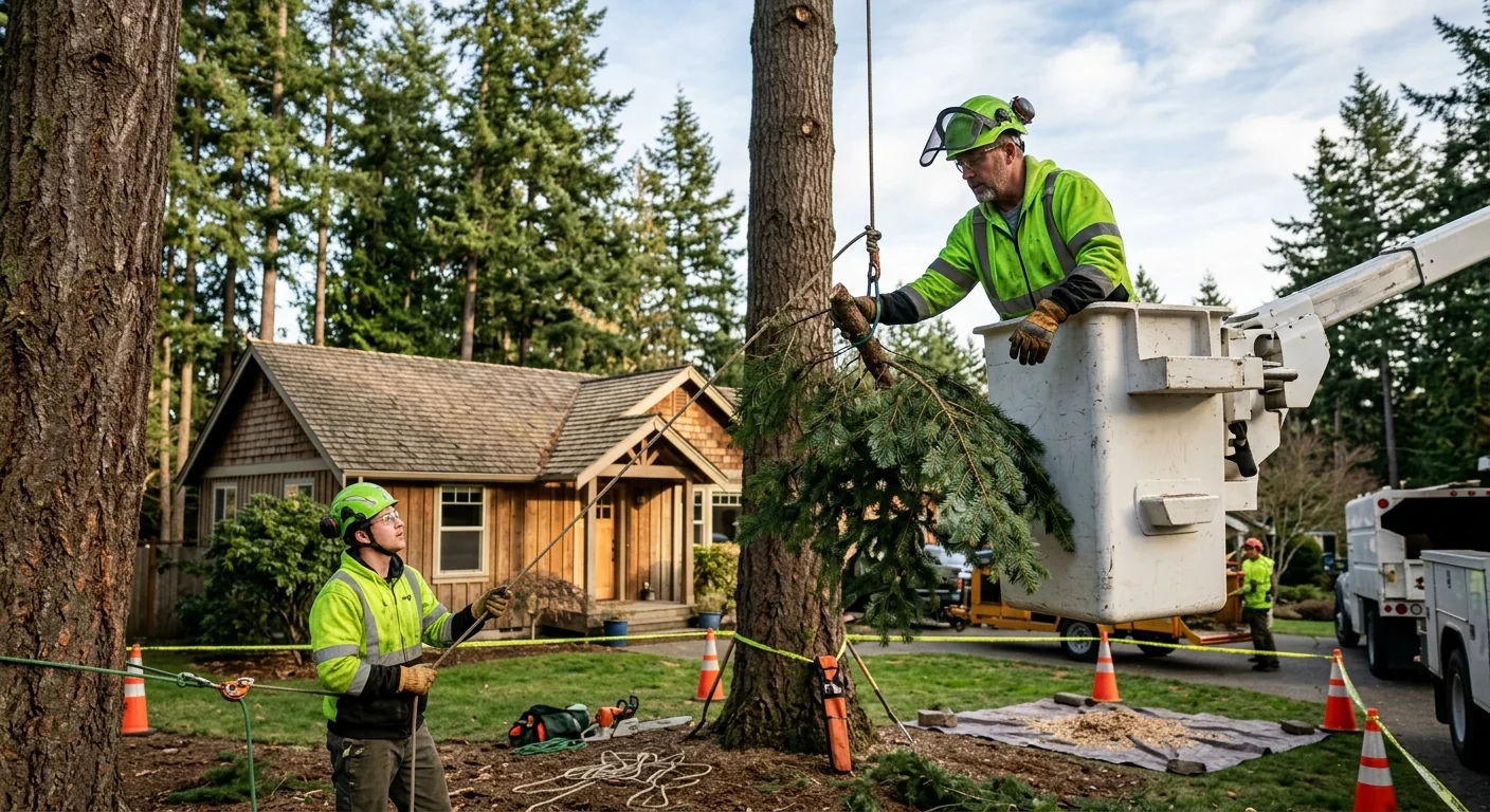 Arborist assessing a wind-toppled tree beside a Bothell home for an estimate