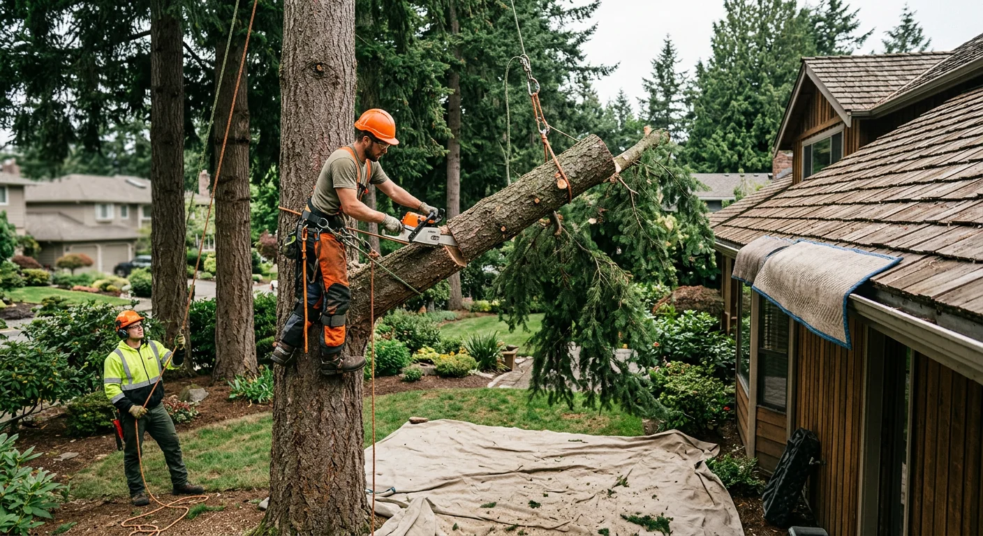 Emergency crew safely removing a broken limb near a house