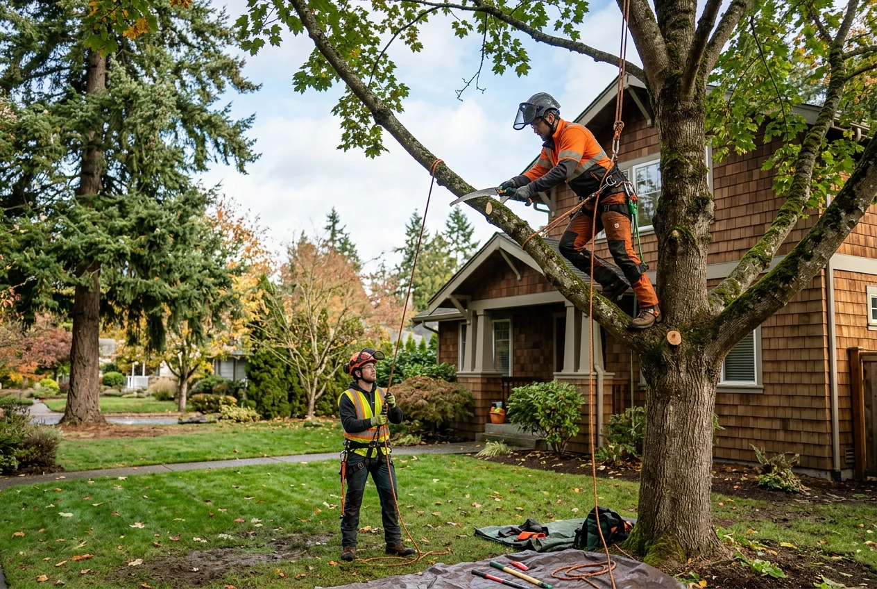 Technician inspecting a leaning tree after a Bothell storm