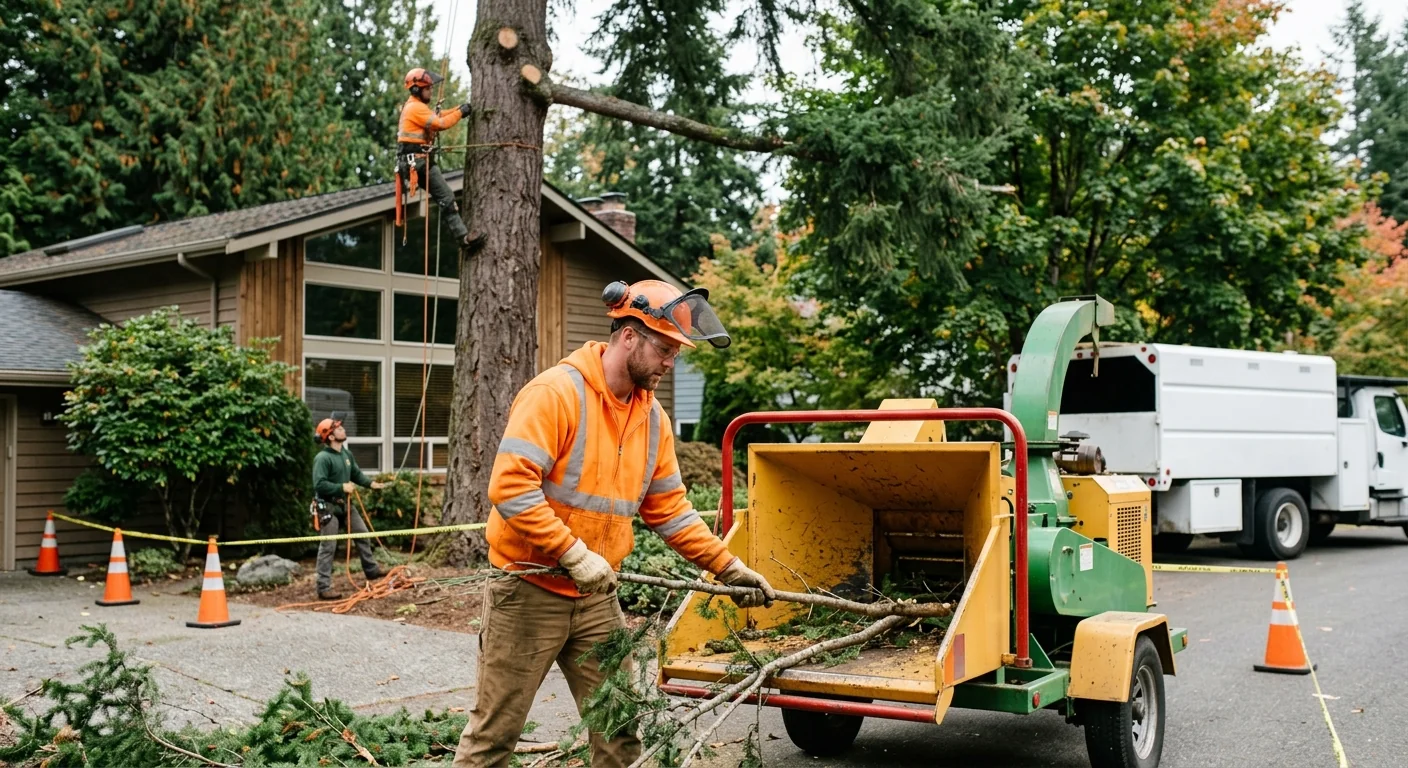 Tree crew using rigging lines to lower a storm-damaged limb near a Bothell home