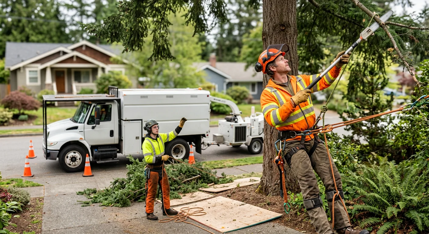 Trained crew safely removing a fallen storm-damaged tree from a Bothell yard