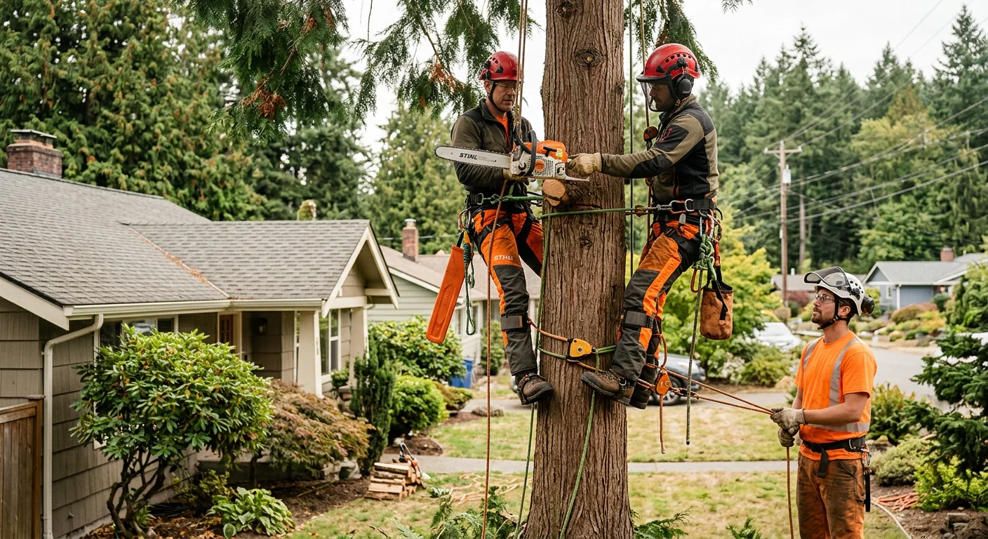 Crew reviewing a written estimate near a hazardous backyard tree