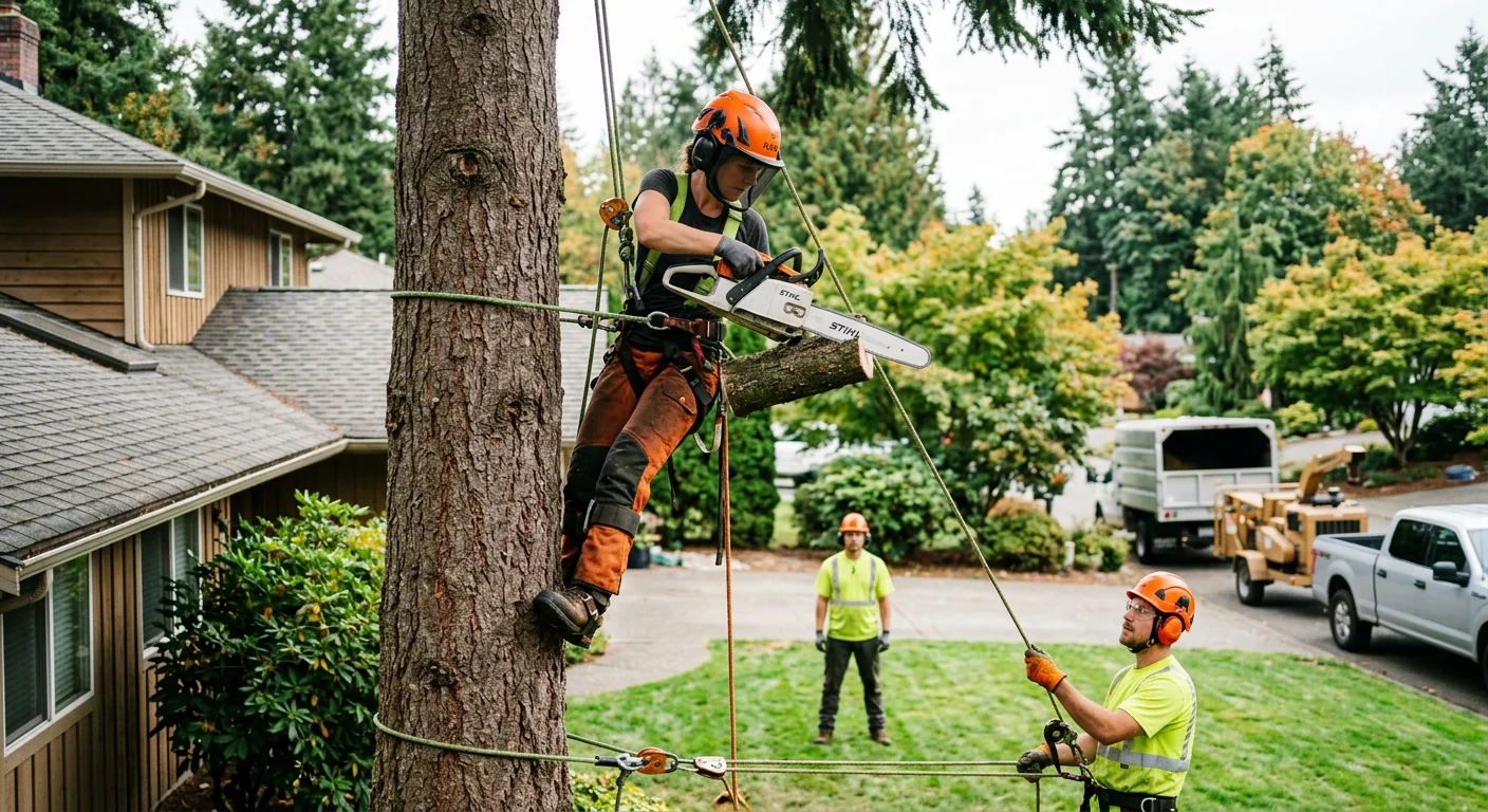 Tree crew inspecting a hazardous leaning tree near a Bothell home