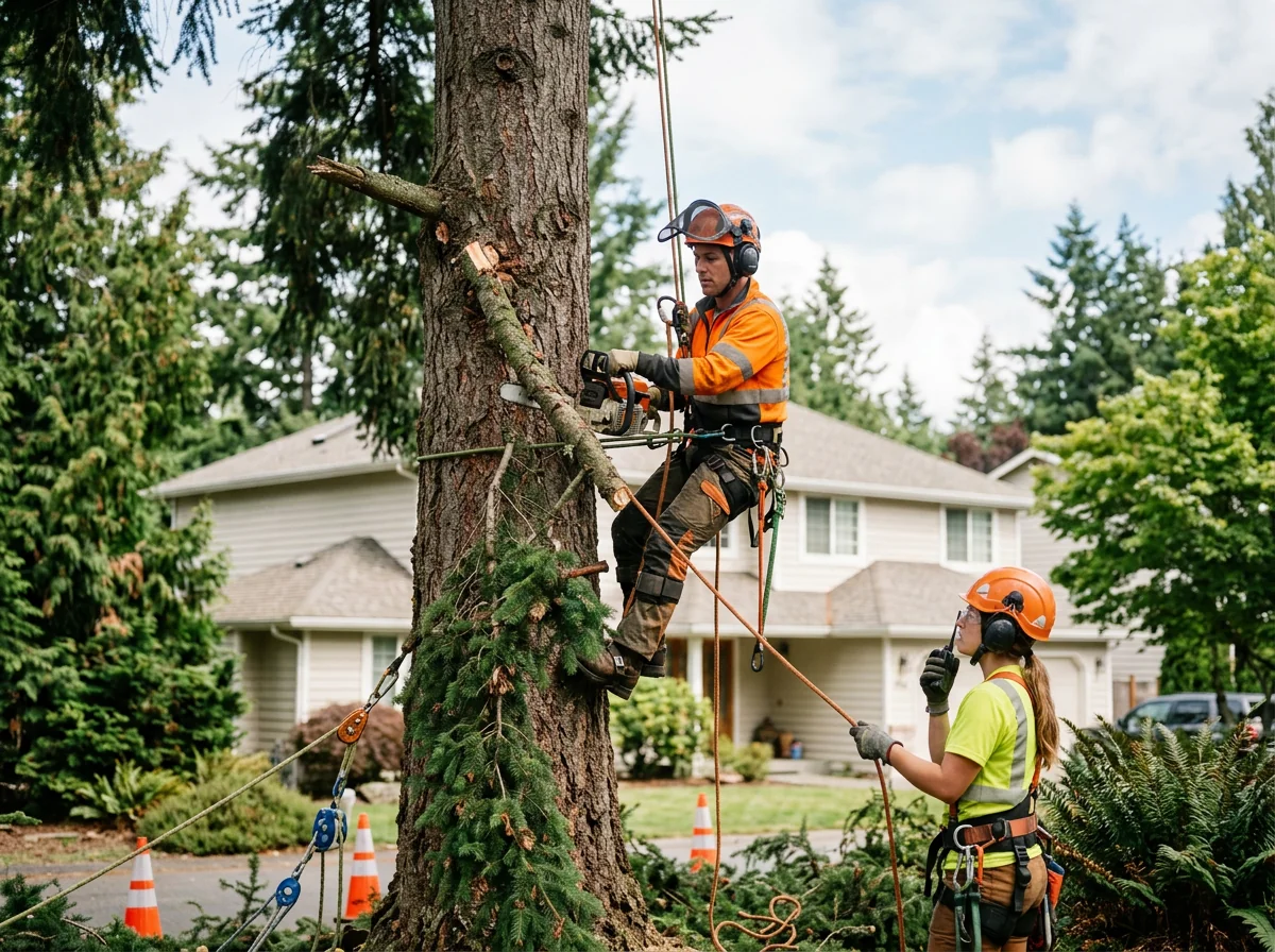 Arborist reviewing a cracked tree limb before removal