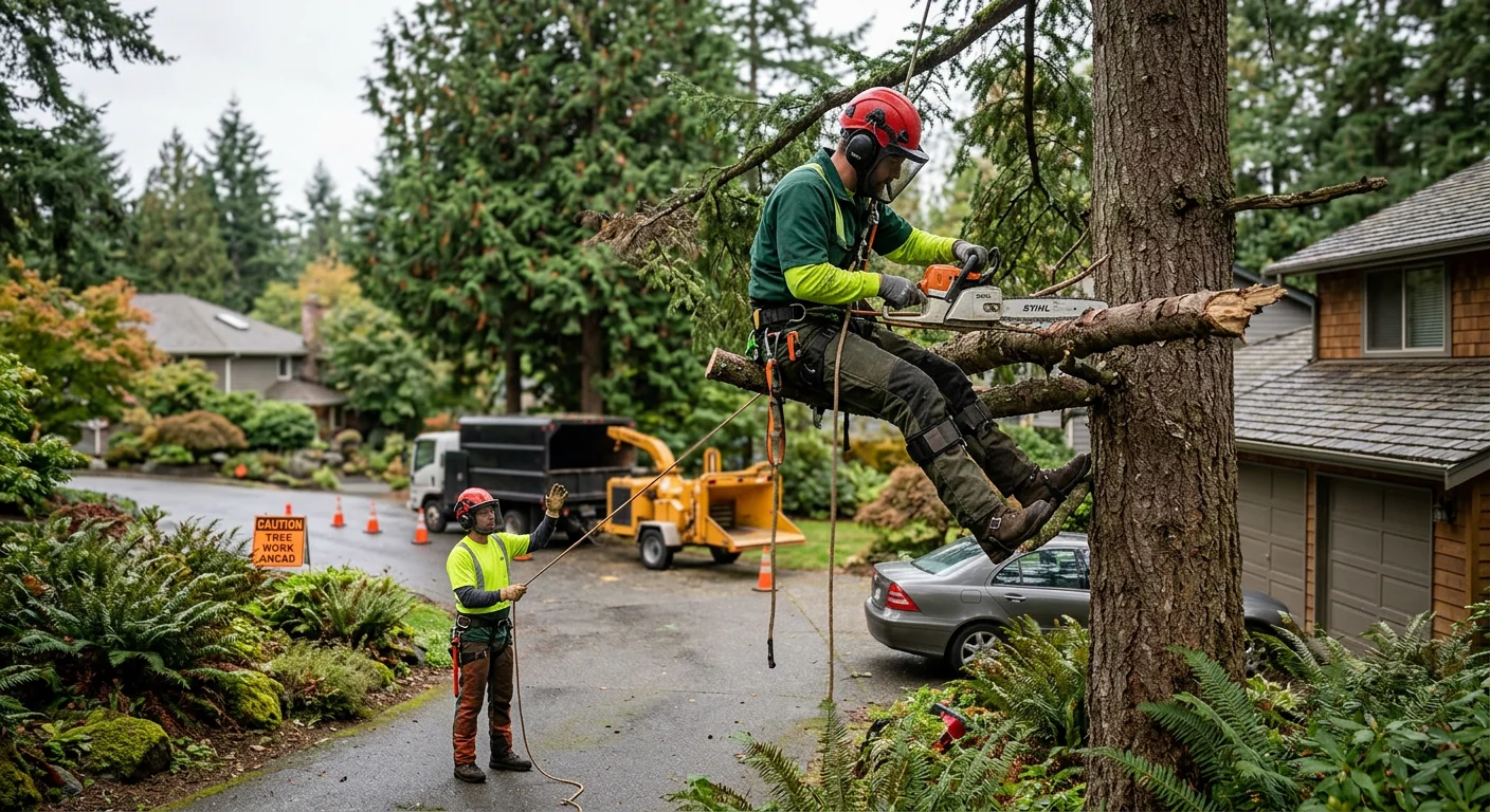 Arborist rigging a leaning tree for careful removal near a Bothell home