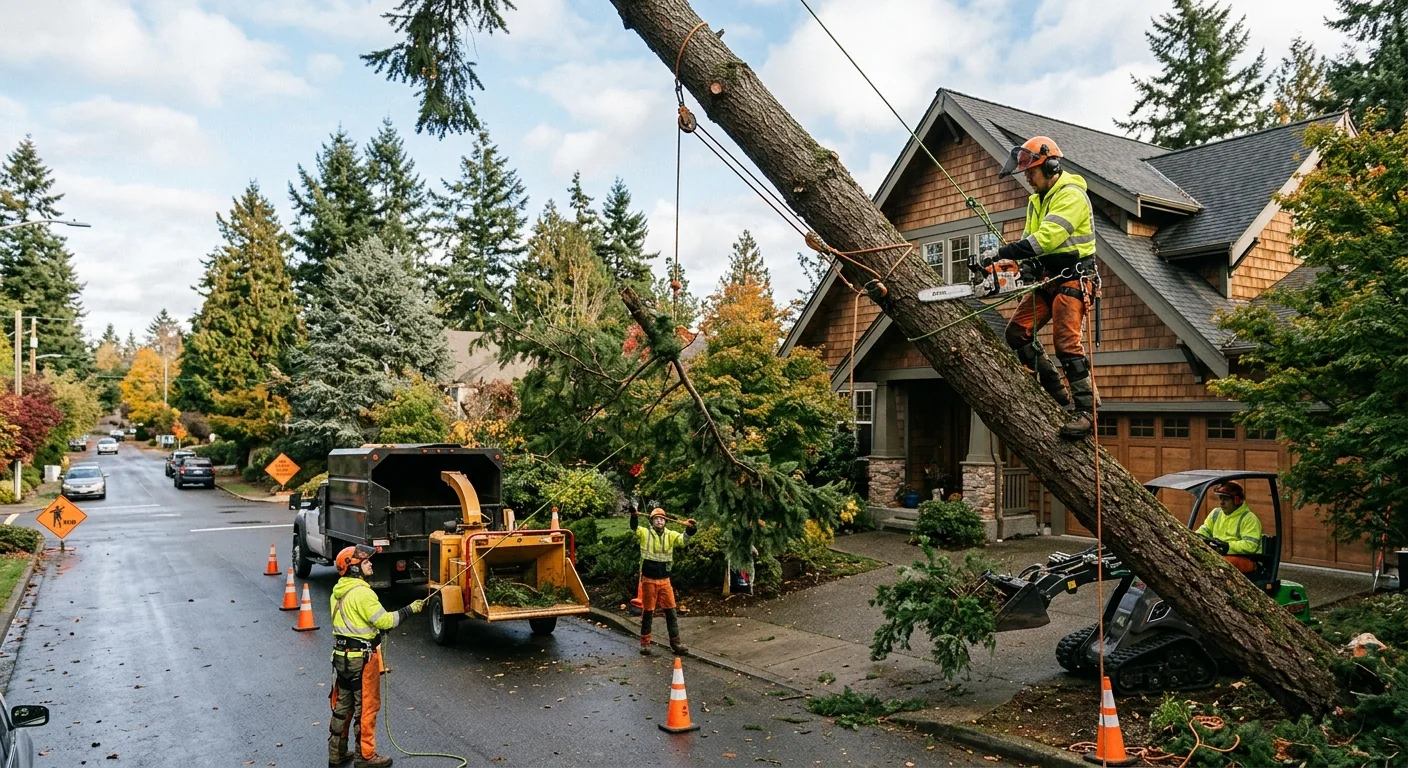 Trained technicians rigging a leaning hazardous tree near a Bothell home