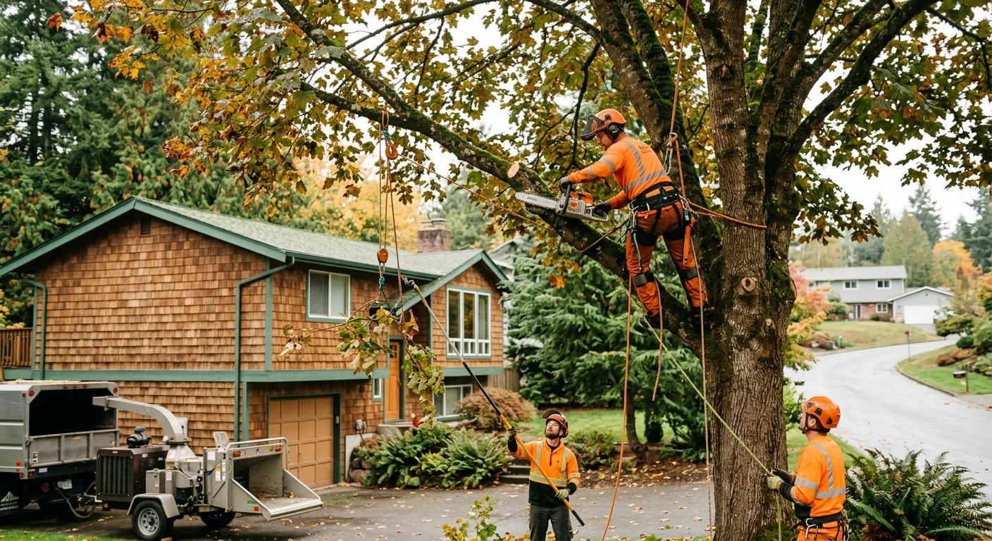 Excavator clearing brush and stumps on a wooded Bothell property lot