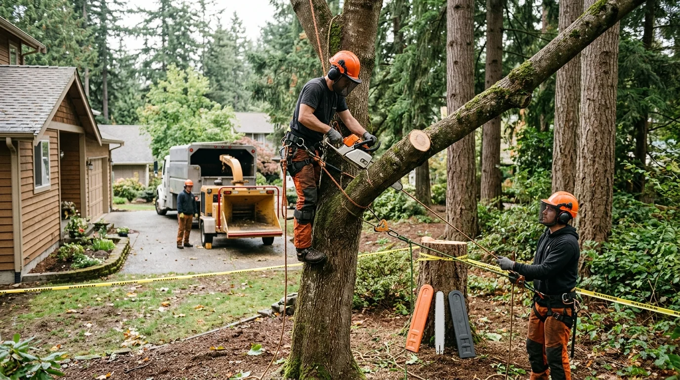 Crew reviewing land clearing plan on a wooded property