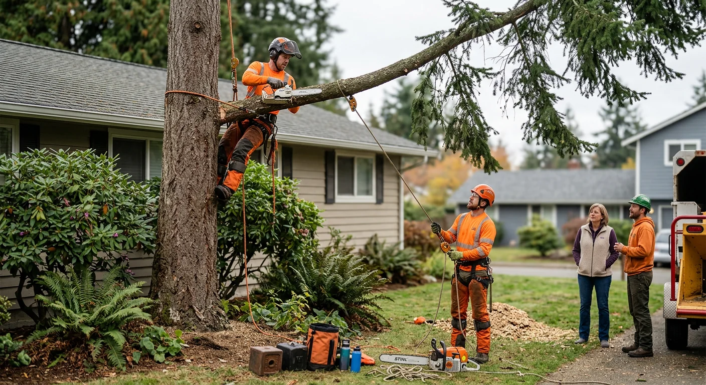 Crew clearing a wooded residential lot of trees and brush in Bothell