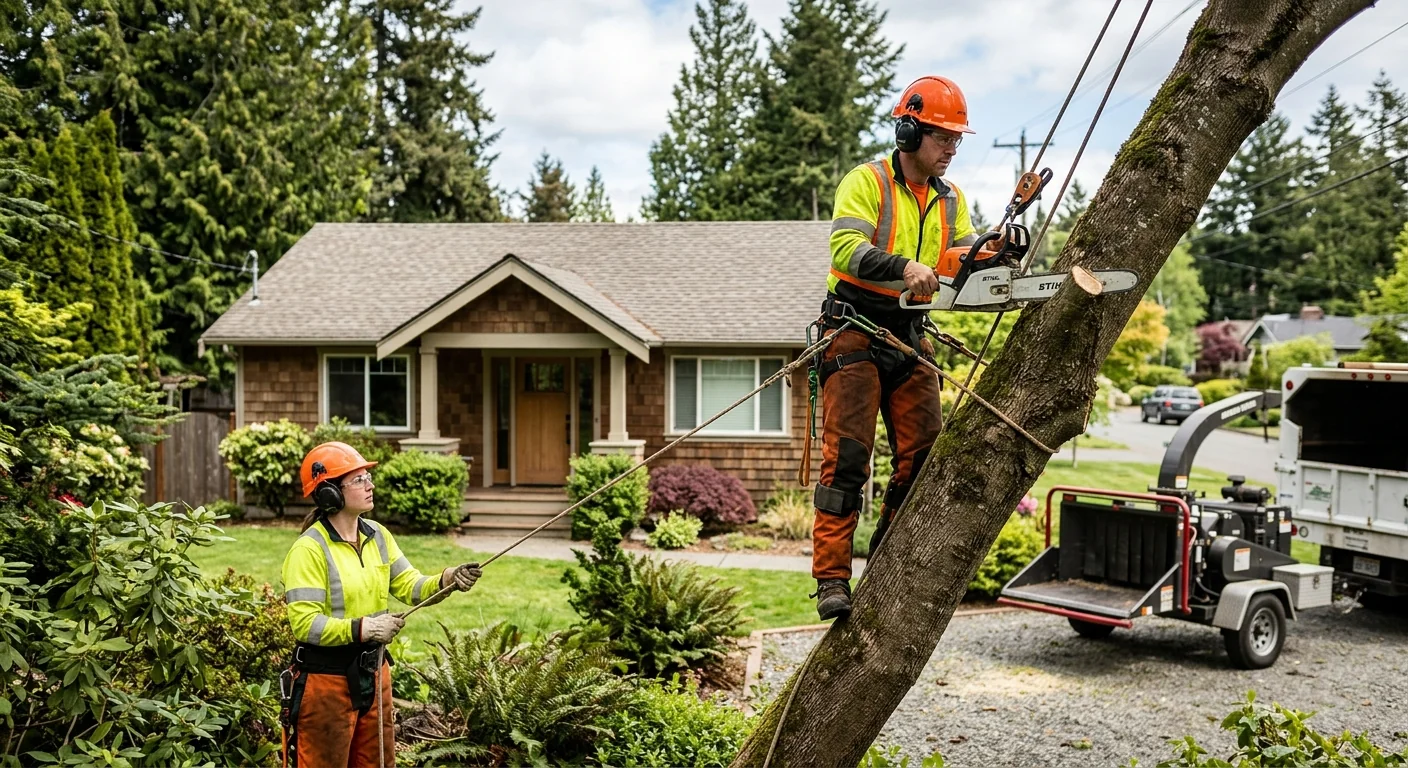 Tree crew clearing brush and small trees from a wooded Bothell lot