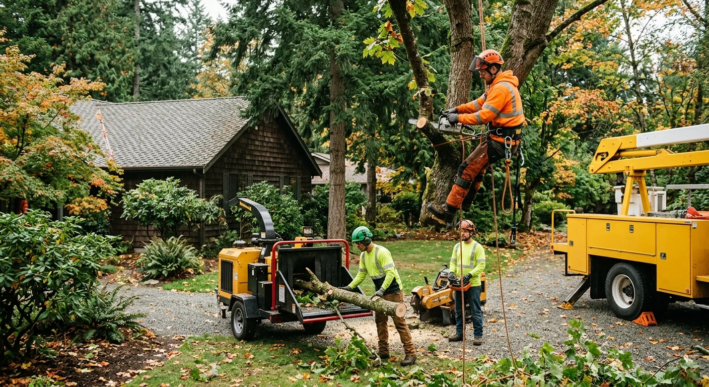 Arborist reviewing storm-damaged trees with a homeowner before preparing a cleanup estimate