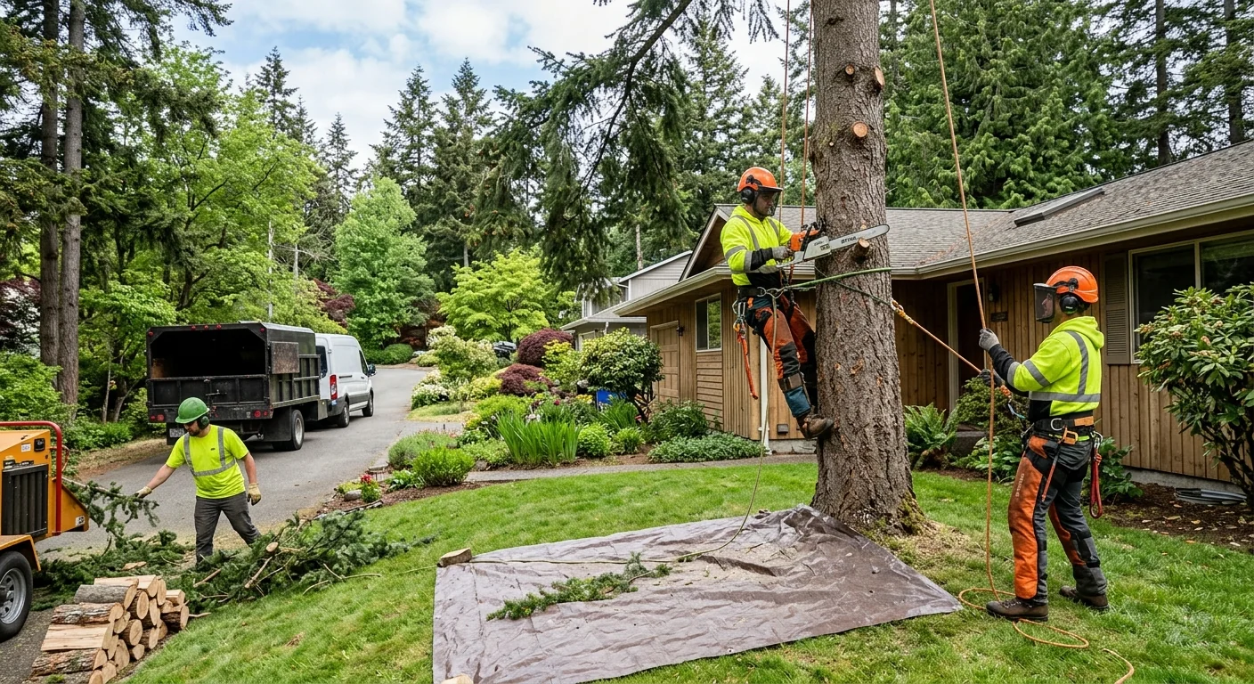 Technician inspecting a leaning tree before careful storm cleanup work