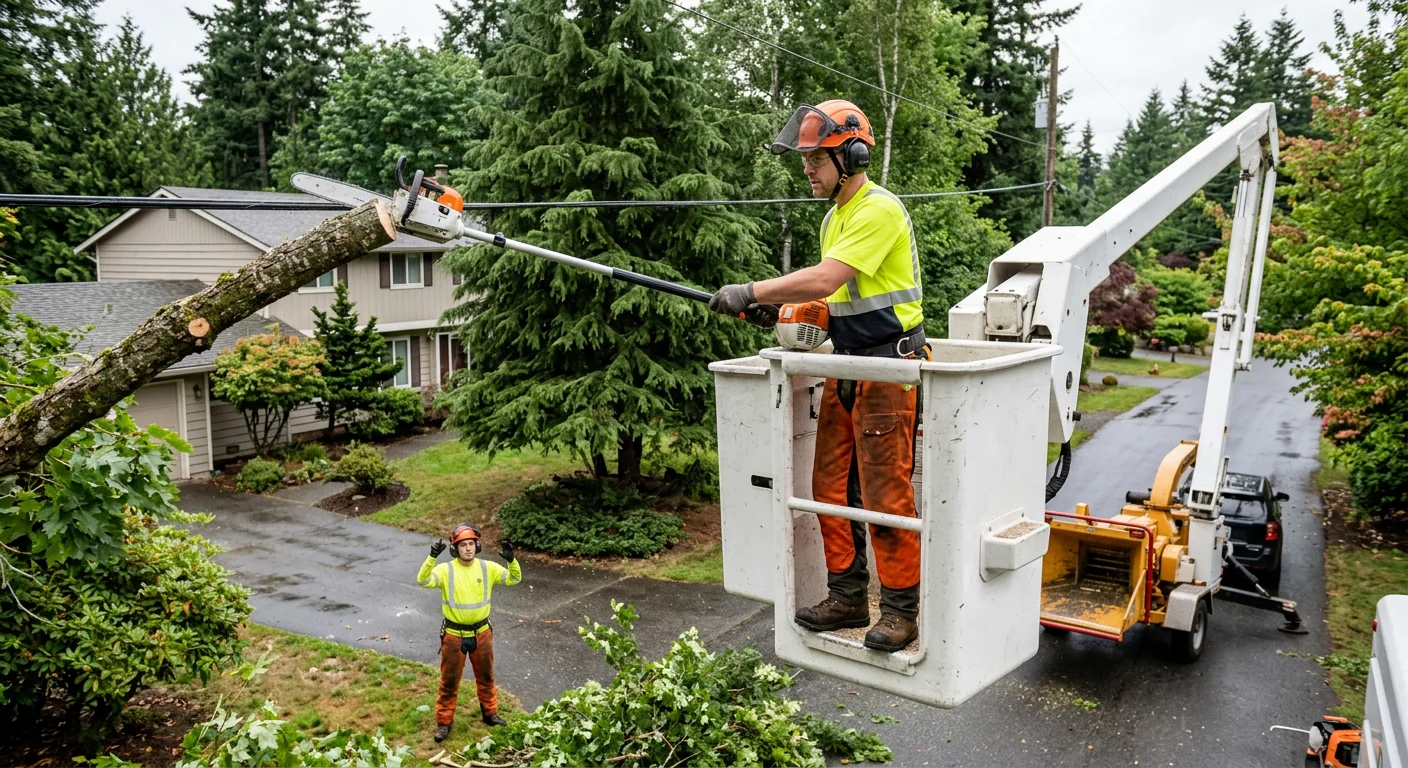 Crew clearing storm-toppled tree limbs from a Bothell residential yard