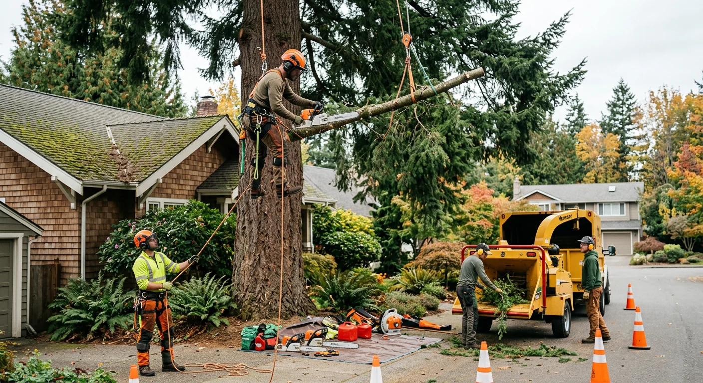 Tree crew clearing storm-damaged limbs from a Bothell residential yard