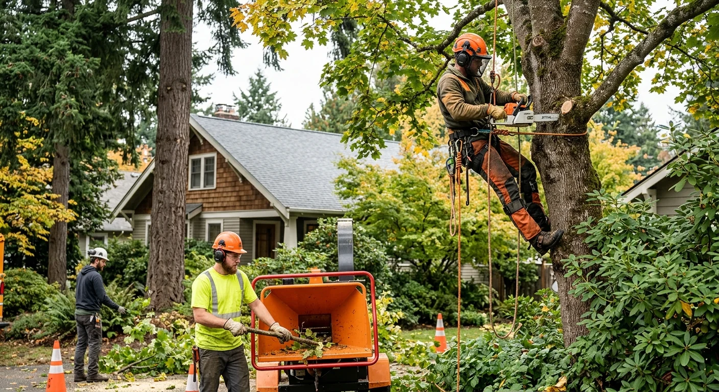 Tree crew clearing storm-damaged branches from a Bothell home after heavy winds
