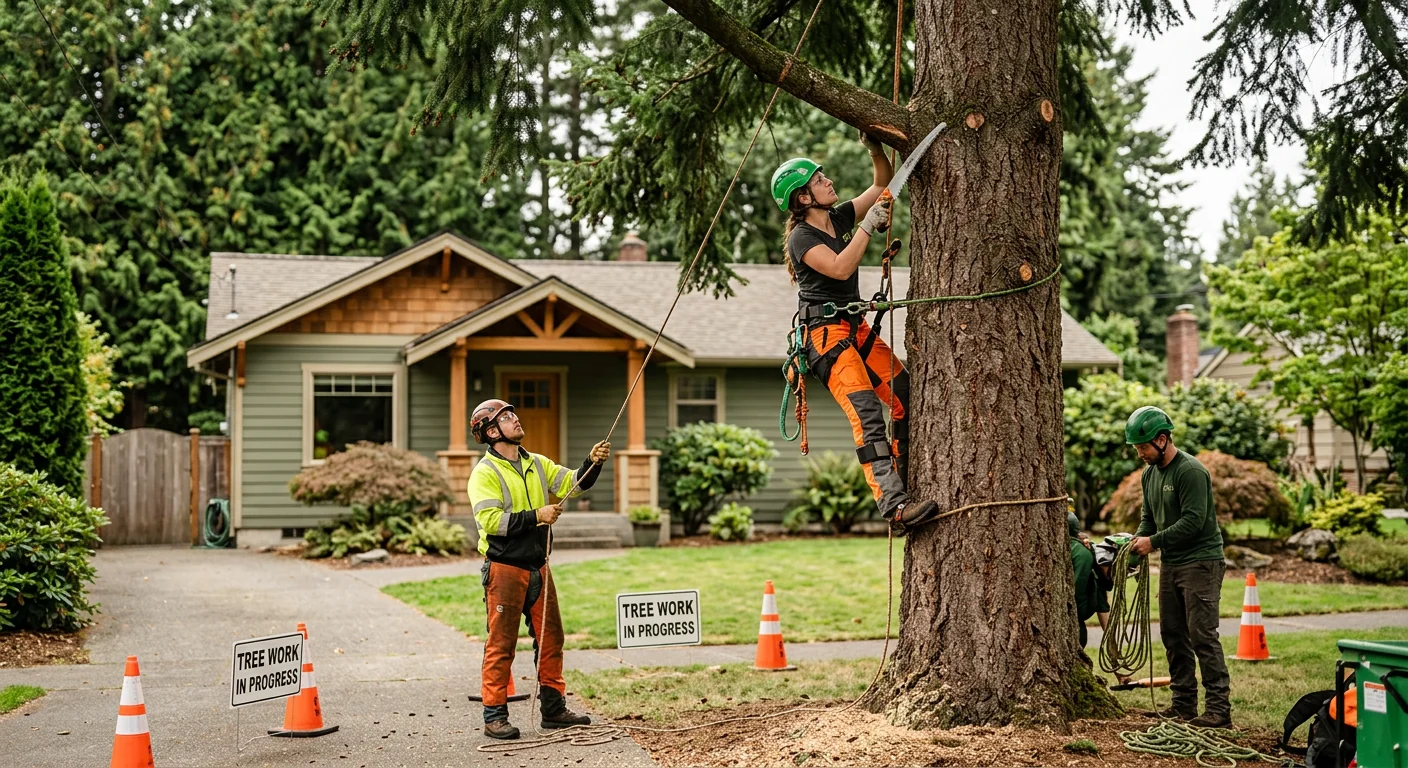 Crew member positioning grinding equipment near garden bed safely