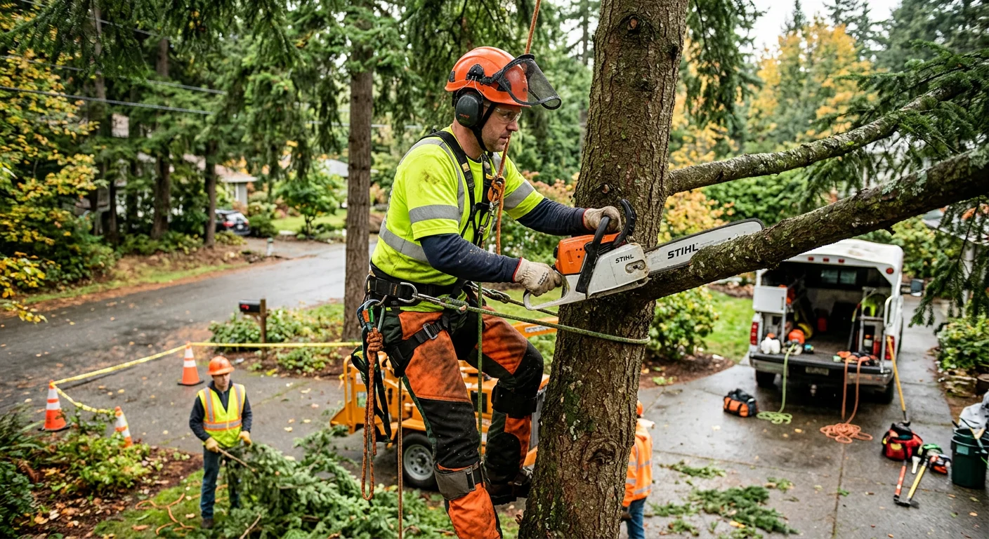 Technician operating a stump grinder on a residential Bothell backyard tree stump