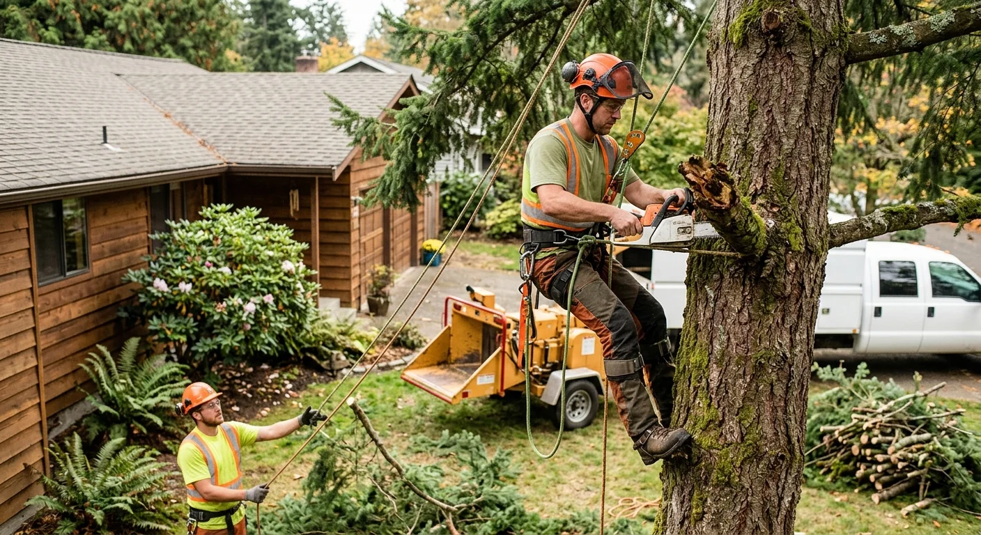 Technician grinding a tree stump below grade in a Bothell backyard