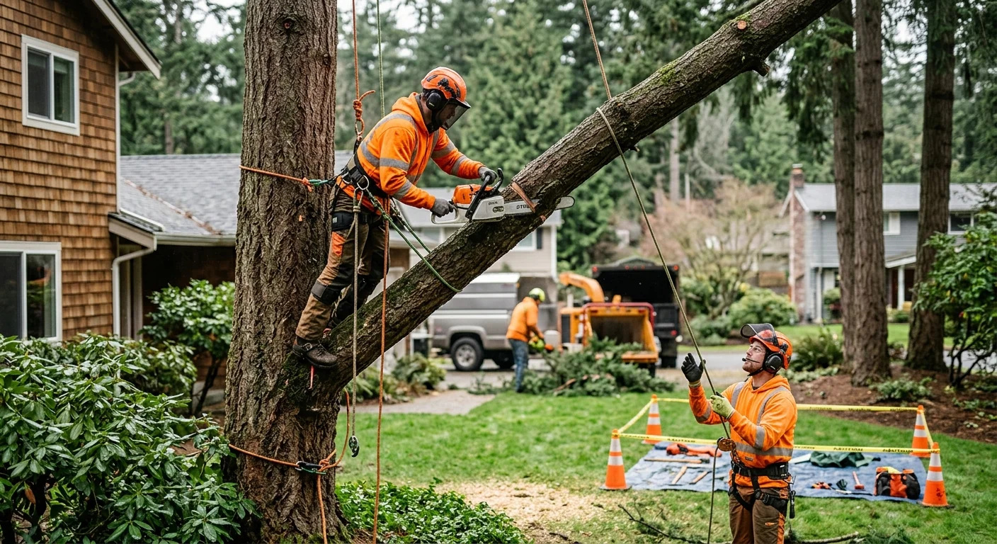 Homeowner reviewing a written cabling estimate beside a large front-yard tree