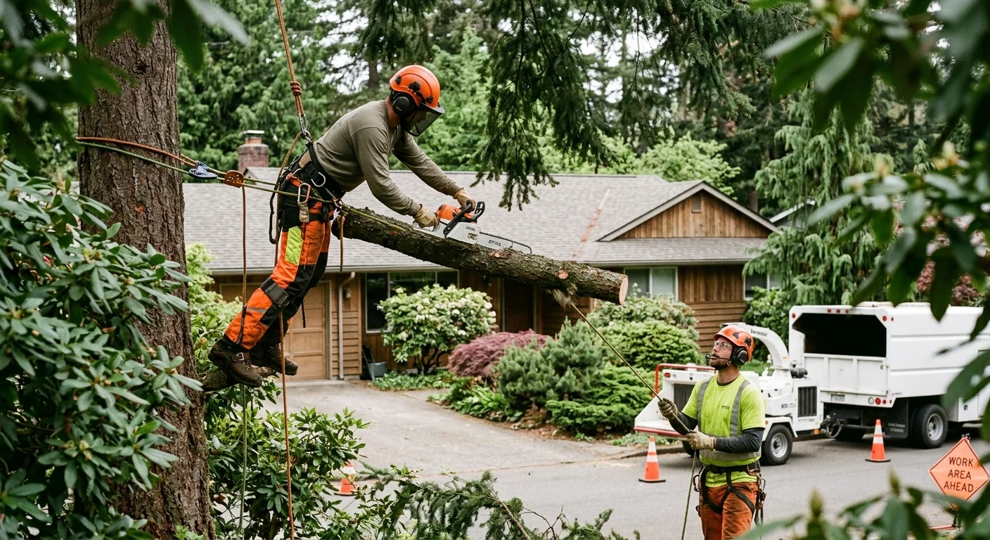 Arborist installing steel cable support in a mature backyard tree in Bothell