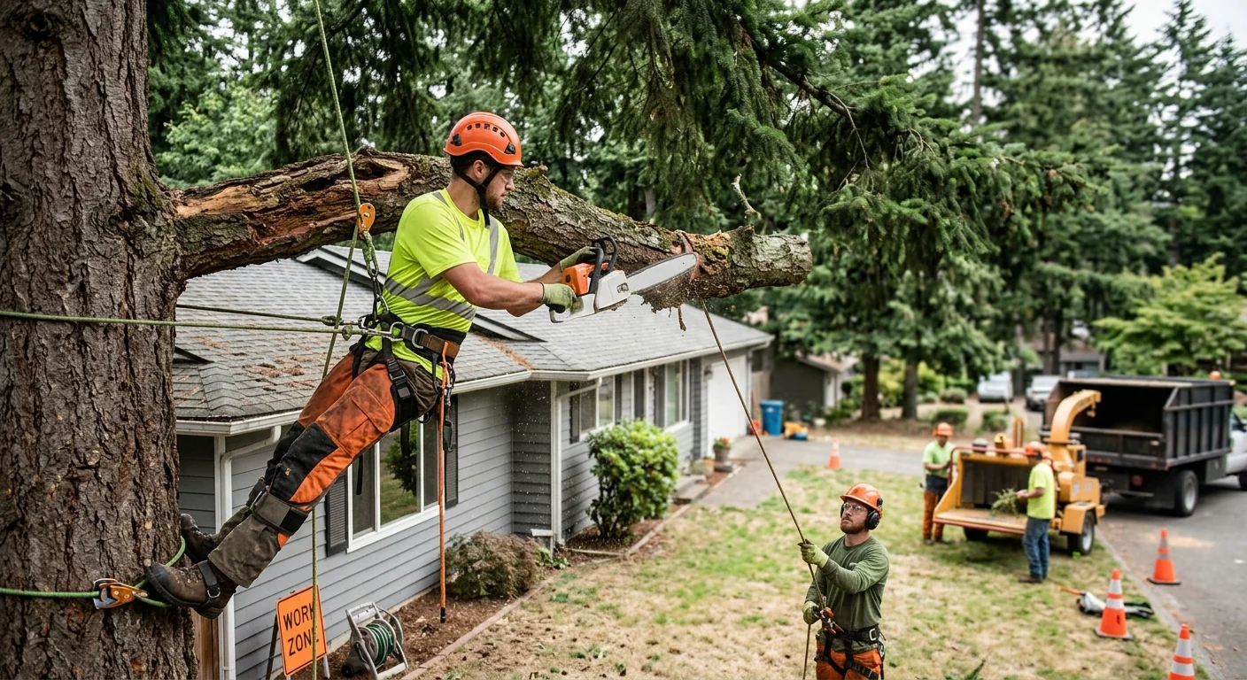 Arborist installing support cable high in a mature tree canopy in Bothell