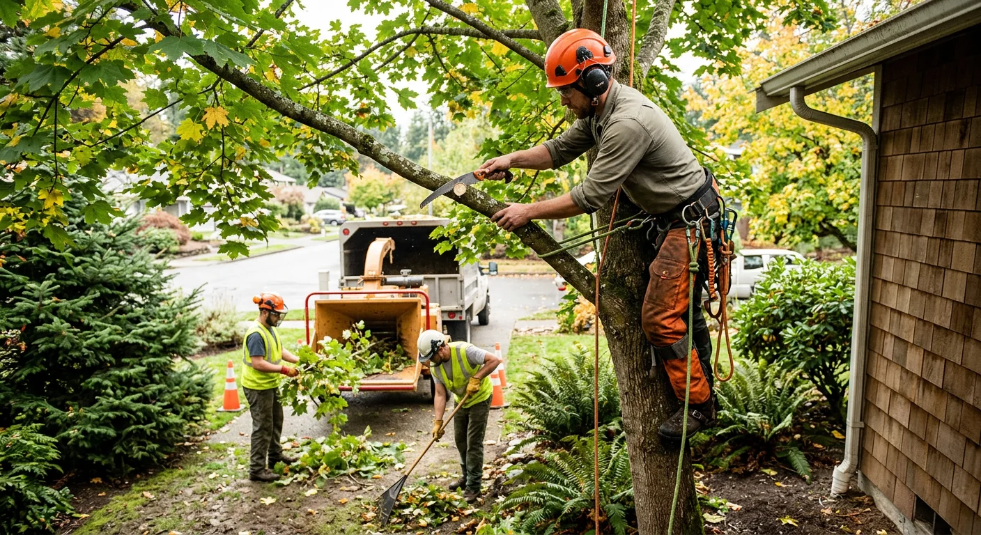 Arborist installing support cable high in a mature Bothell shade tree canopy