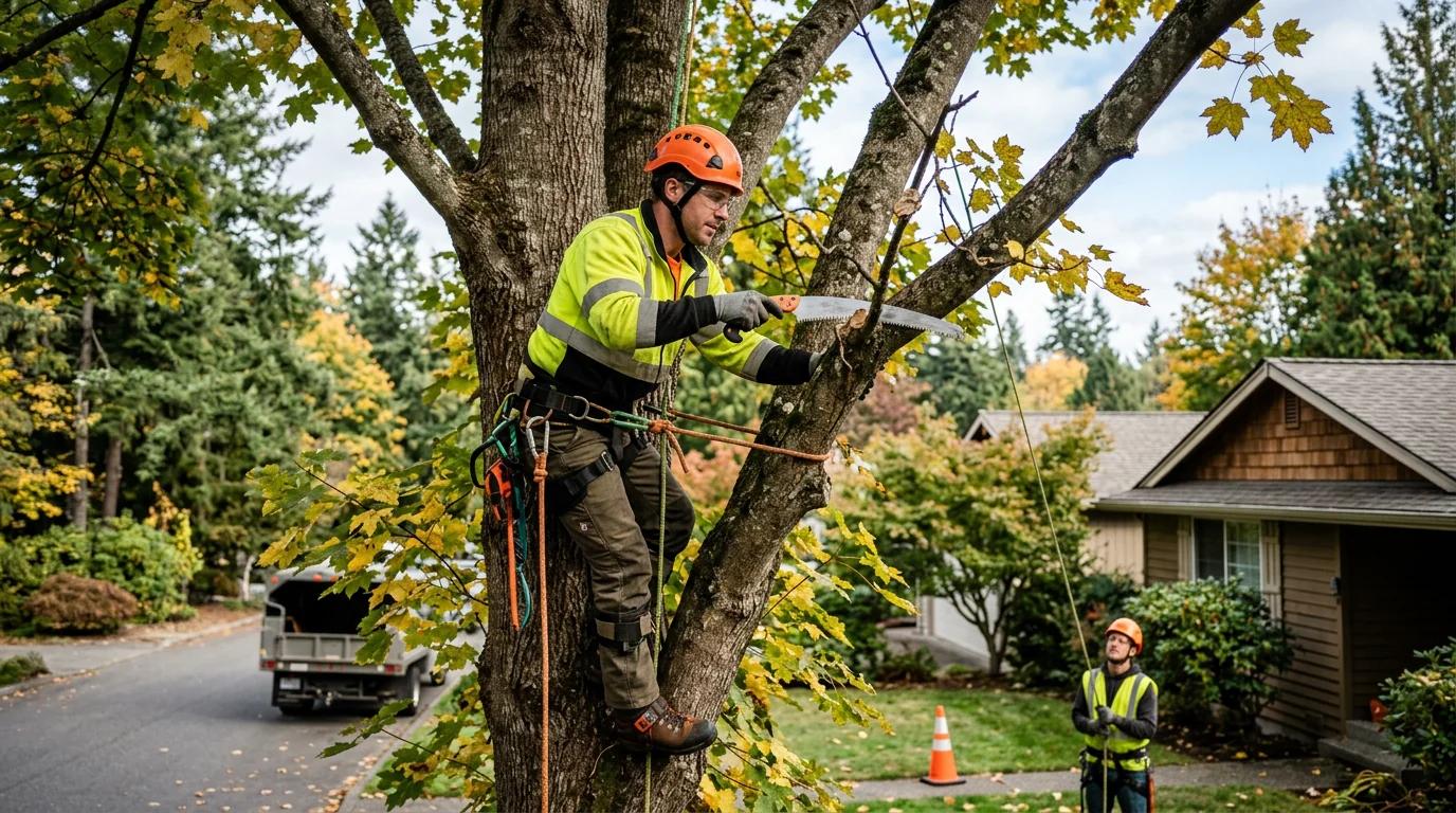 Homeowner and technician reviewing tree care plan in a Bothell yard