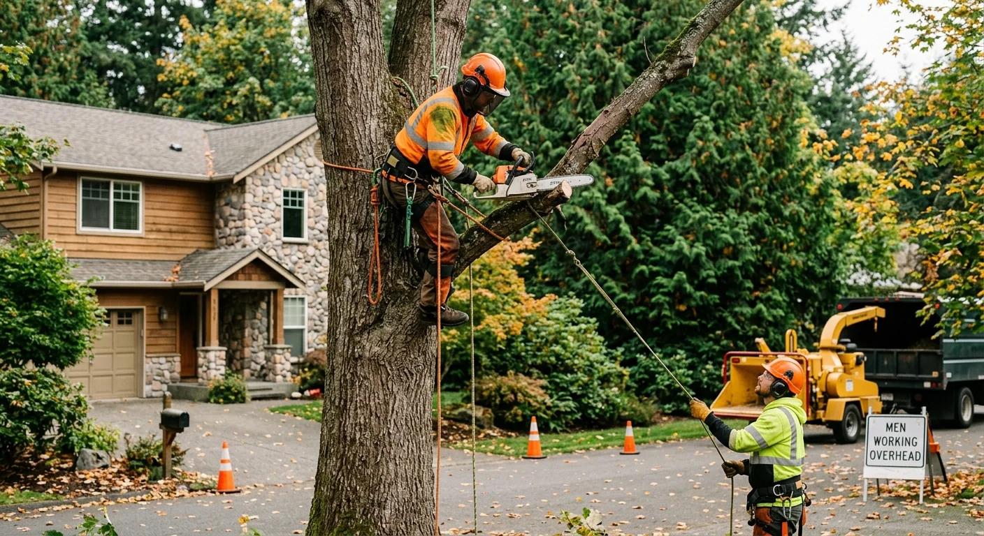 Arborist inspecting a mature backyard tree canopy on a Bothell property