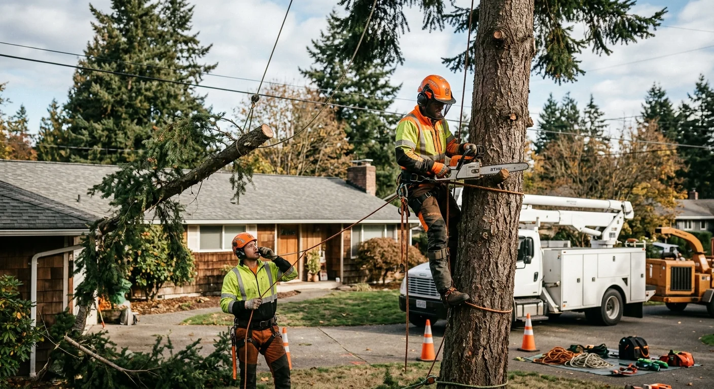 Arborist inspecting a mature backyard tree for health and structural concerns in Bothell