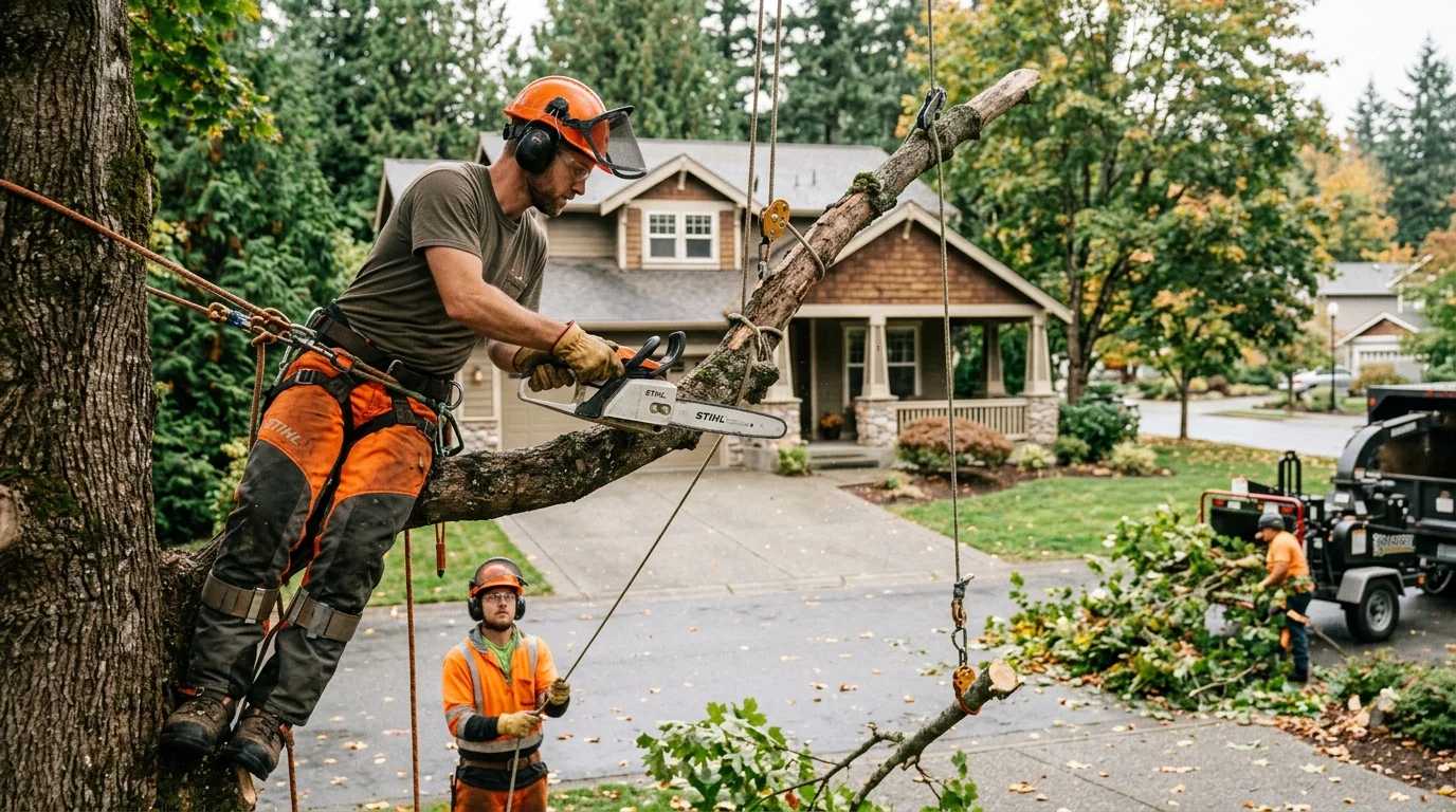 Crew placing a young tree into a prepared planting hole