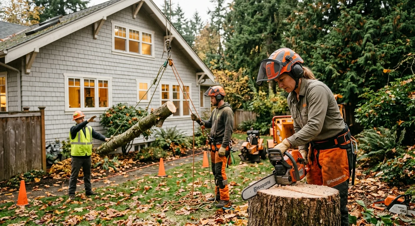 Technician assessing a backyard tree canopy before providing a pruning estimate