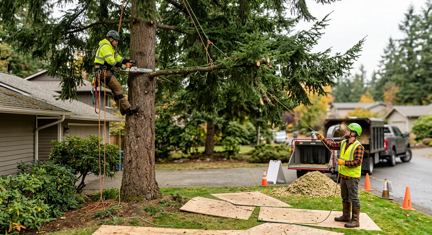 Neatly pruned tree canopy above a tidy home lawn