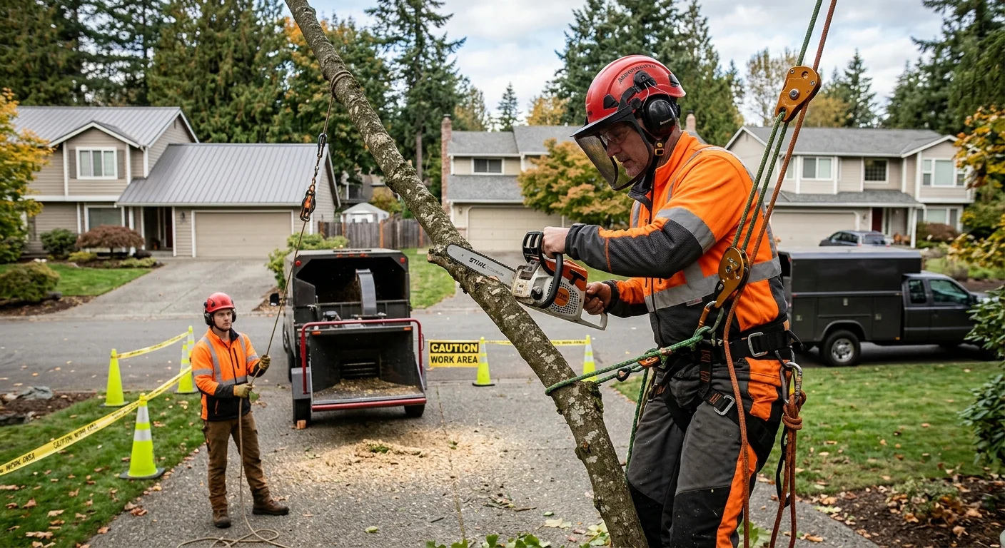 Arborist carefully pruning a residential shade tree in a Bothell backyard