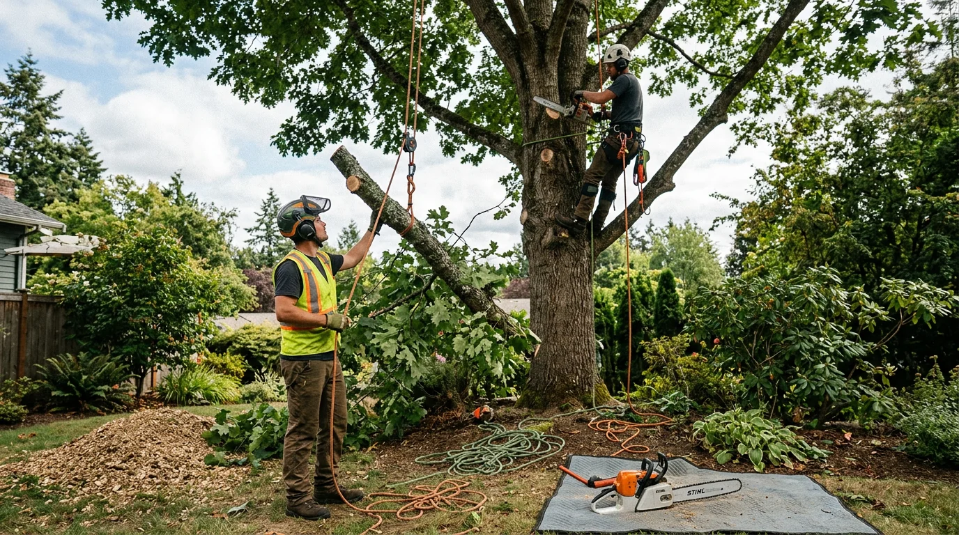 Trained technician trimming branches with safety gear on