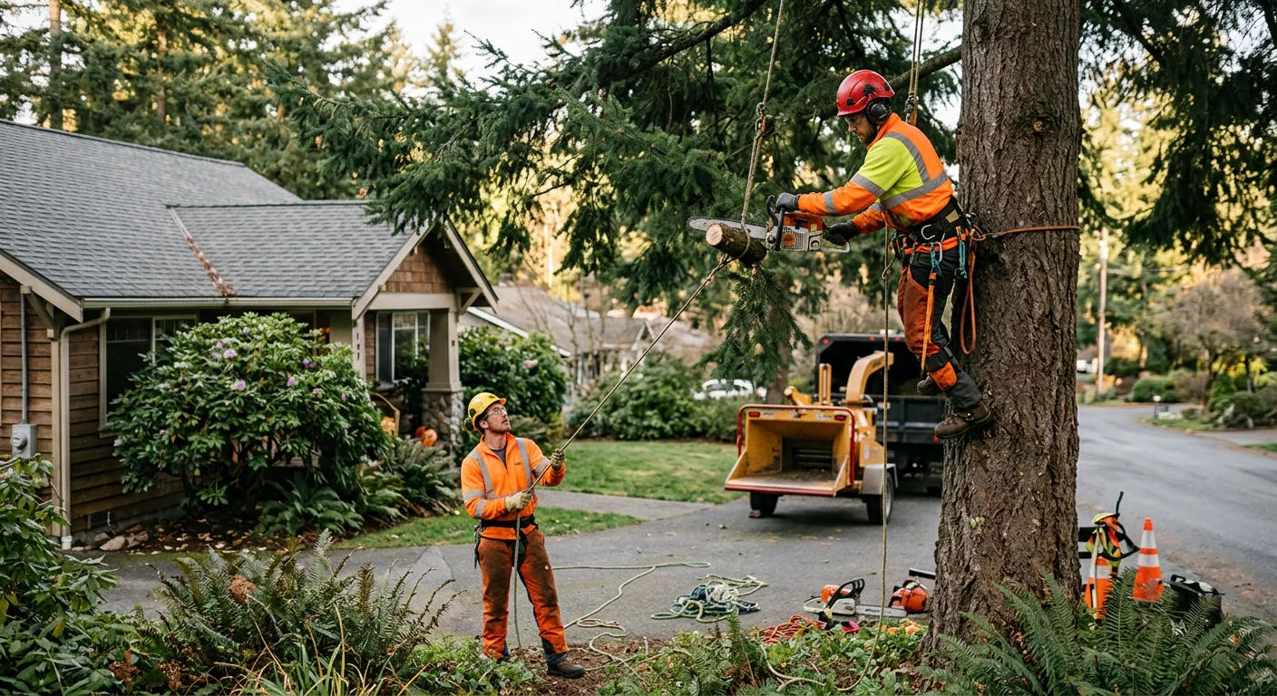Arborist making a precise pruning cut on a residential tree in Bothell
