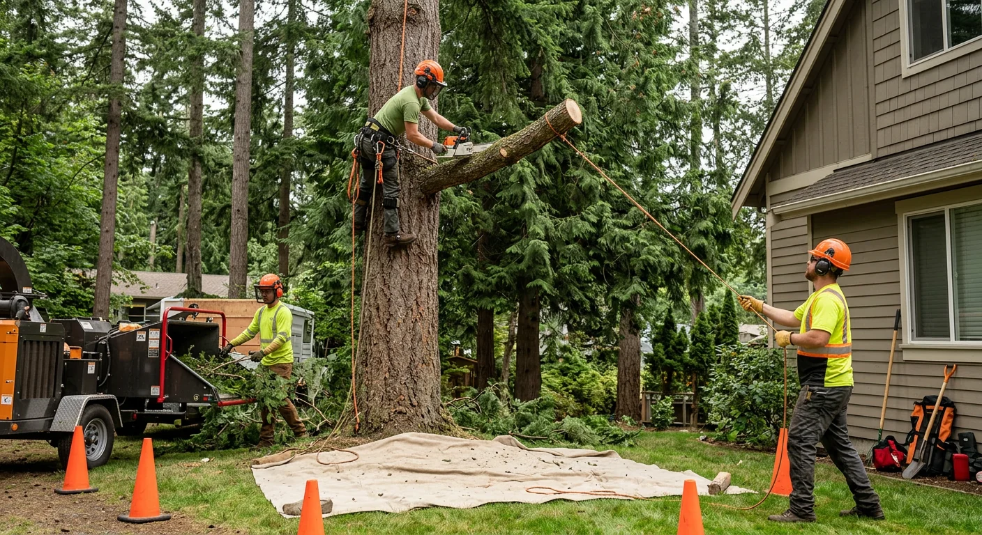 Trained technician performing careful crown thinning cuts on a residential tree in Bothell