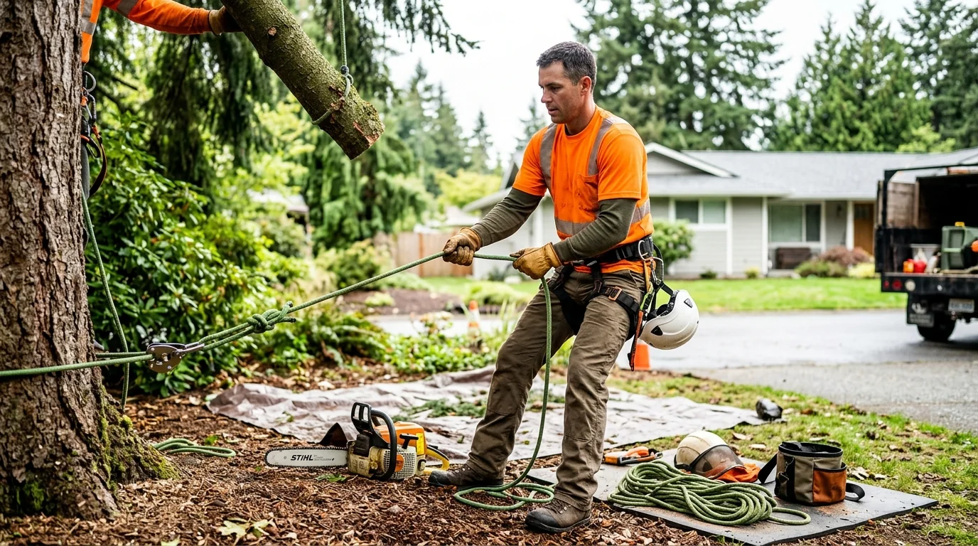 Homeowner reviewing a written tree removal estimate with a technician