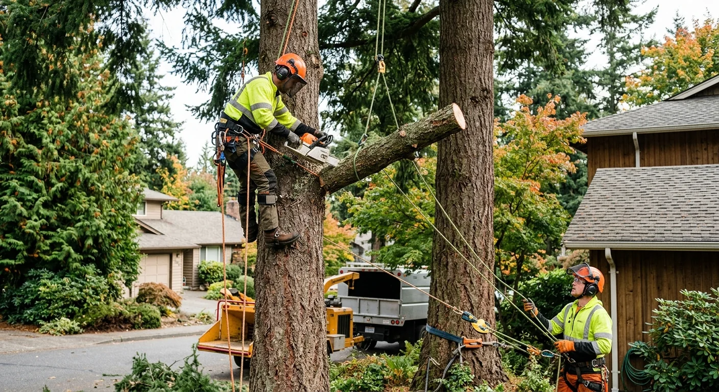 Tree removal crew safely lowering a large trunk in a Bothell backyard