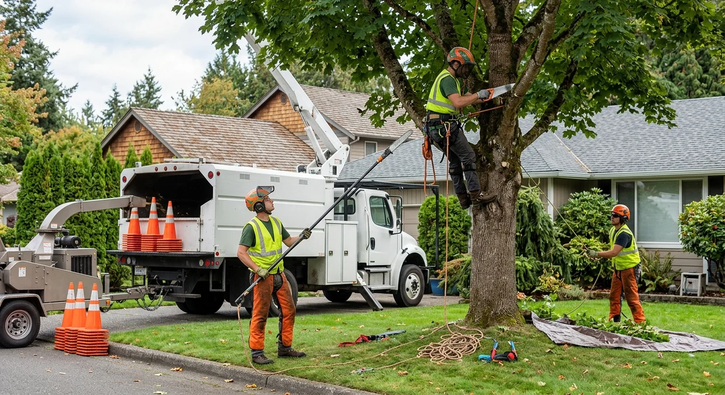 Tree service crew safely removing a large conifer near a Bothell home