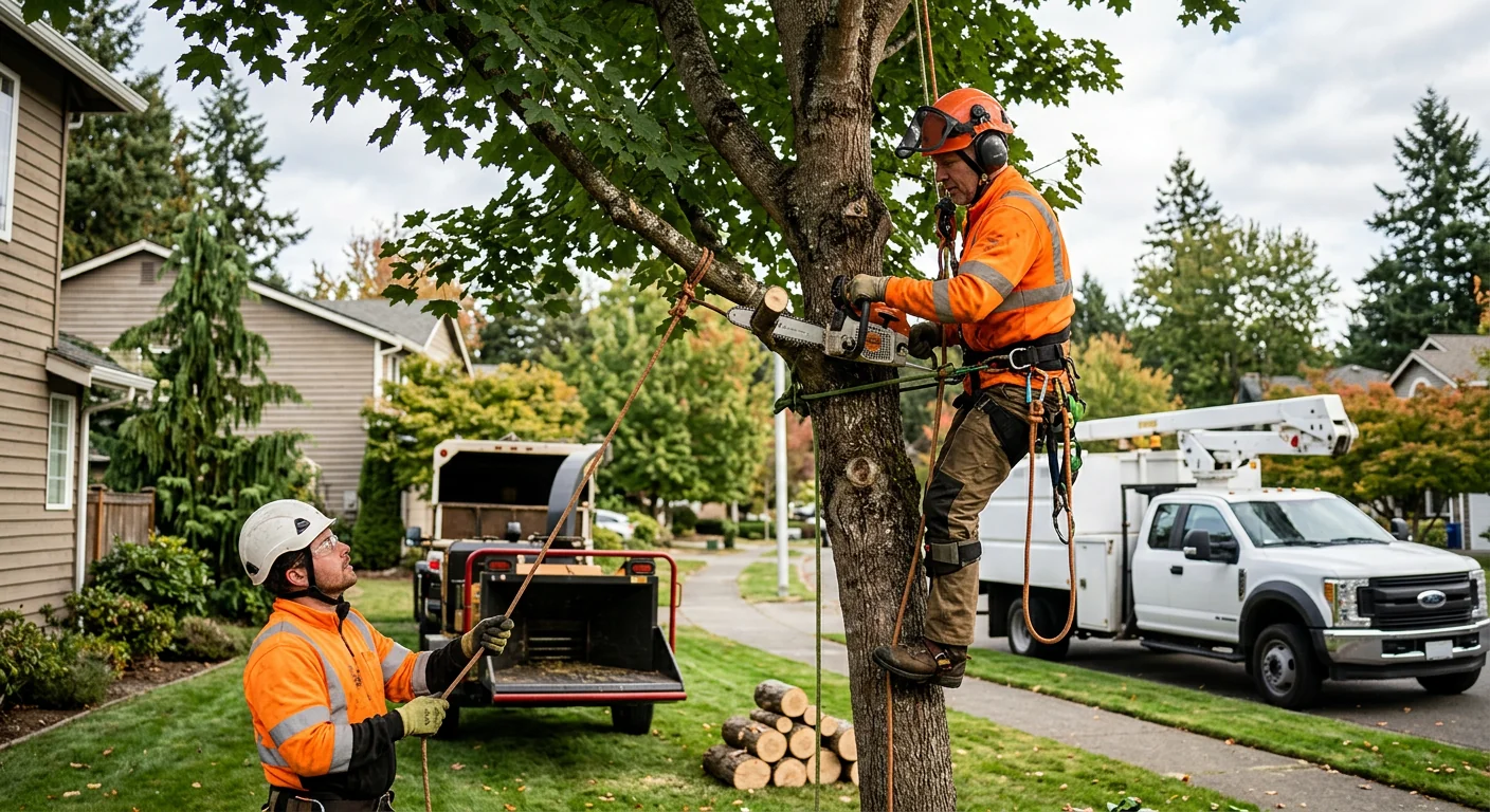 Trained crew safely lowering a large trunk section in a Bothell backyard removal